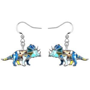 Silver with Multicolored Enamel Triceratops Dinosaur French Wire Drop Earrings